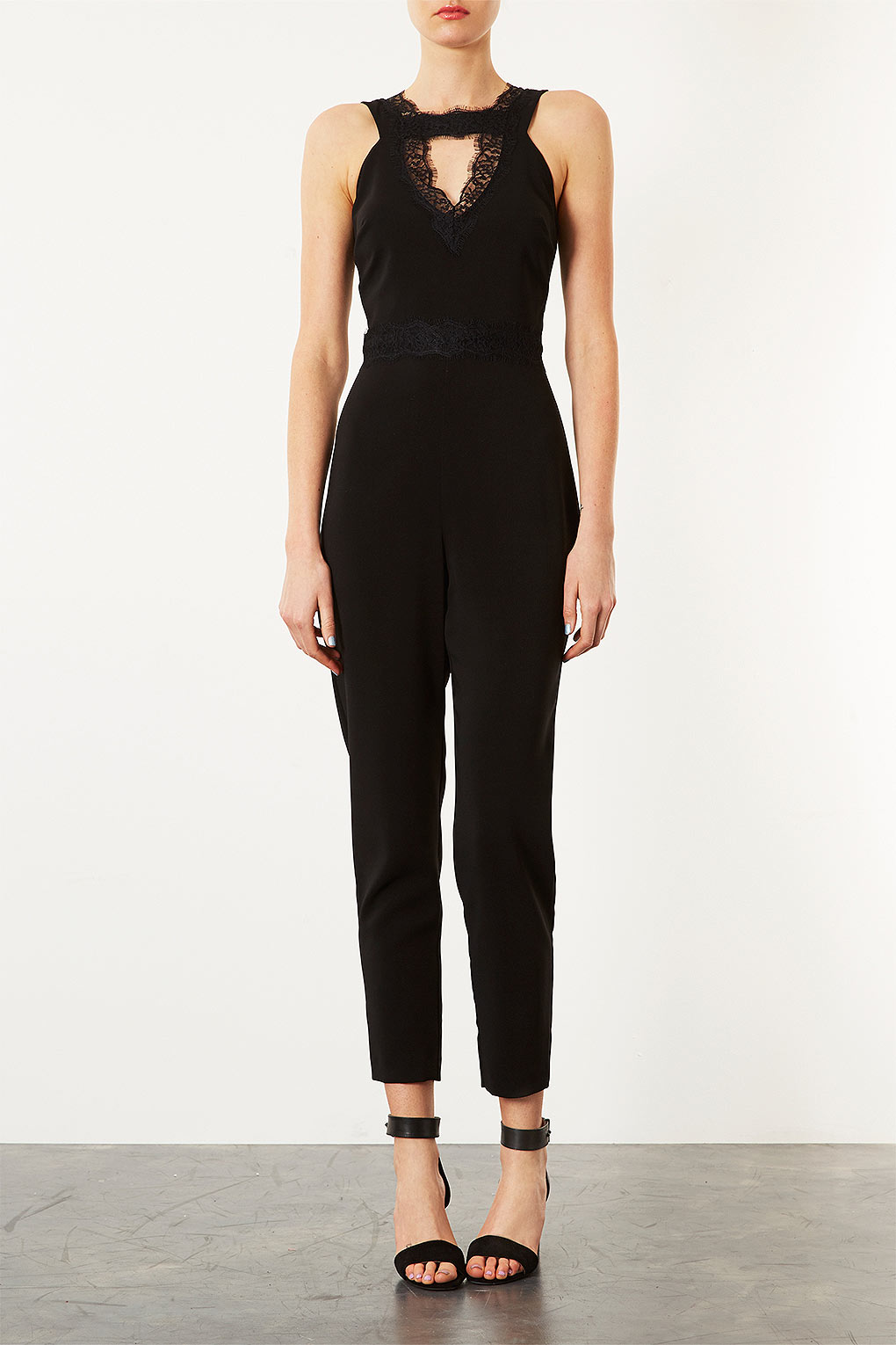 Lyst Topshop Cut Out Lace Jumpsuit In Black 7596