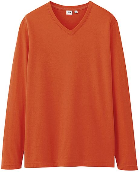 Uniqlo Premium Cotton V- Neck Long Sleeve T-Shirt in Orange for Men | Lyst