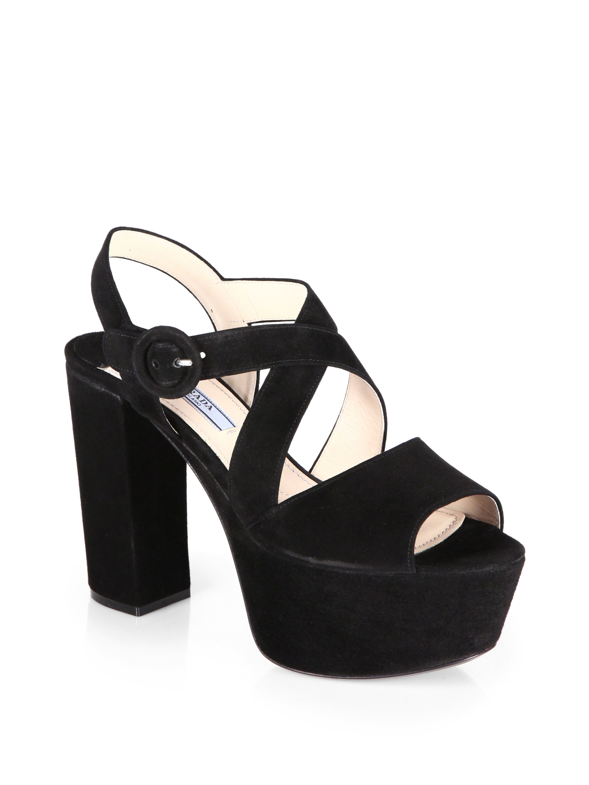 Lyst - Prada Suede Crisscross Platform Sandals in Black