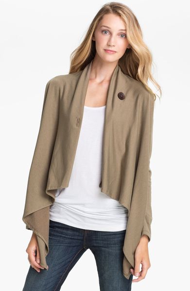 Bobeau Asymmetrical Fleece Wrap Cardigan in Beige (mink) | Lyst