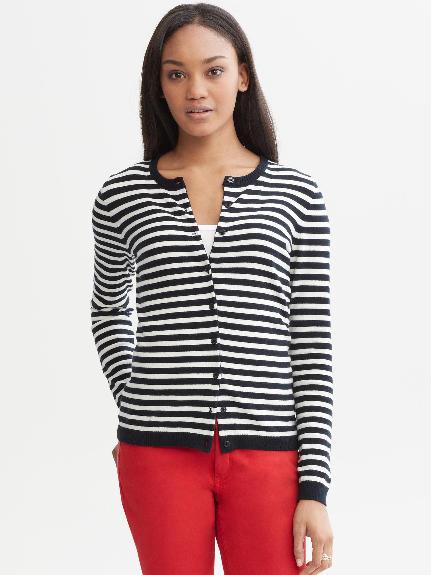 Banana Republic Striped Cardigan in White (true navy) | Lyst