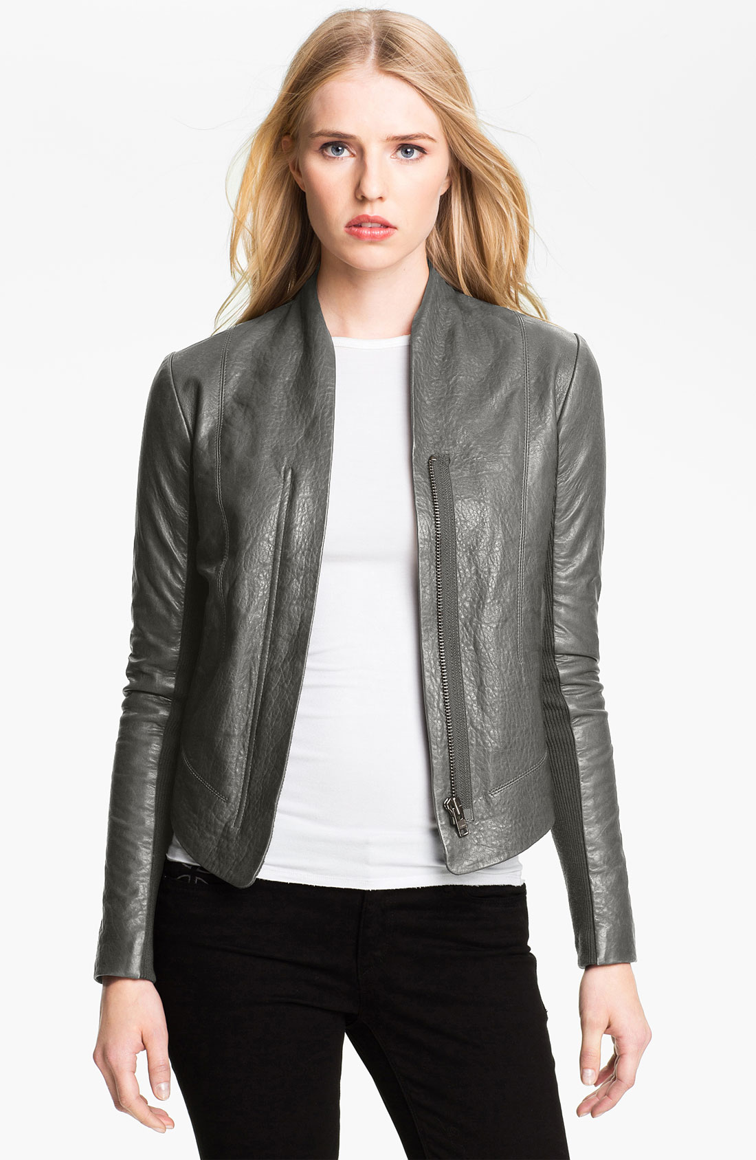 Veda Boss Crop Leather Jacket in Gray (graphite) | Lyst