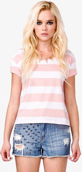 Forever 21 Striped Boxy Tee in Pink (light pink/white) | Lyst