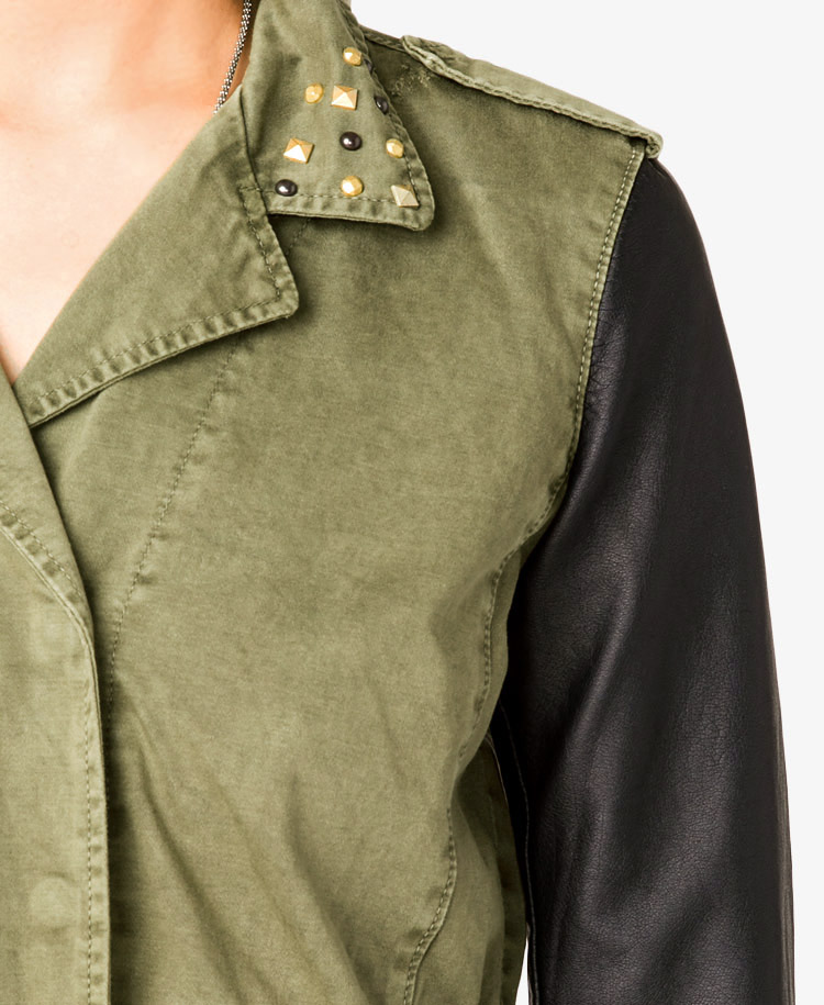 Lyst Forever 21 Faux Leather Sleeve Utility Jacket In Green Gallery
