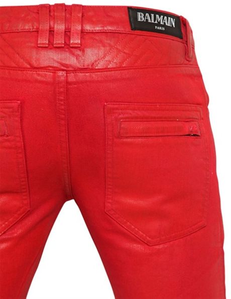 Balmain 18Cm Geometric Waxed Denim Biker Jeans in Red for Men | Lyst