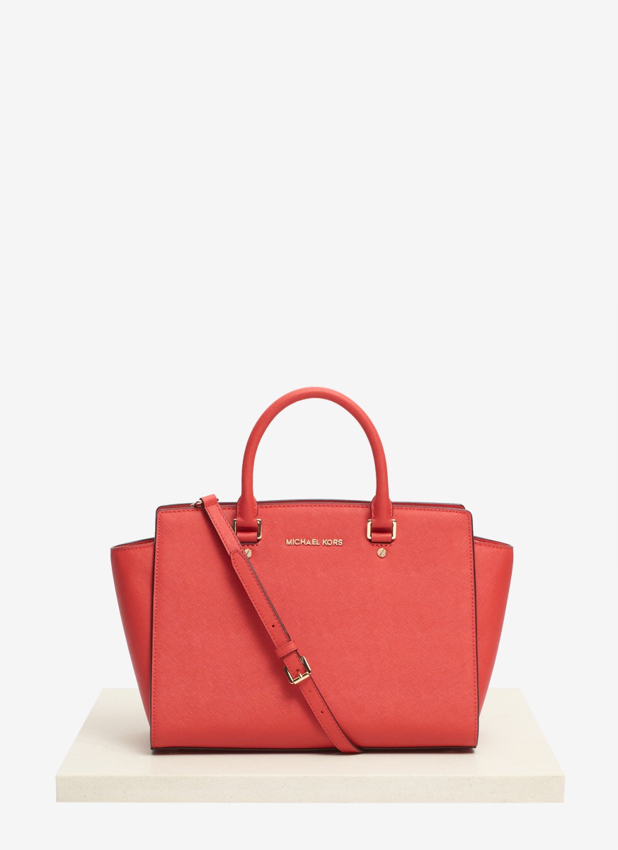 Michael Kors Selma Large Textured Leather Satchel in Red | Lyst