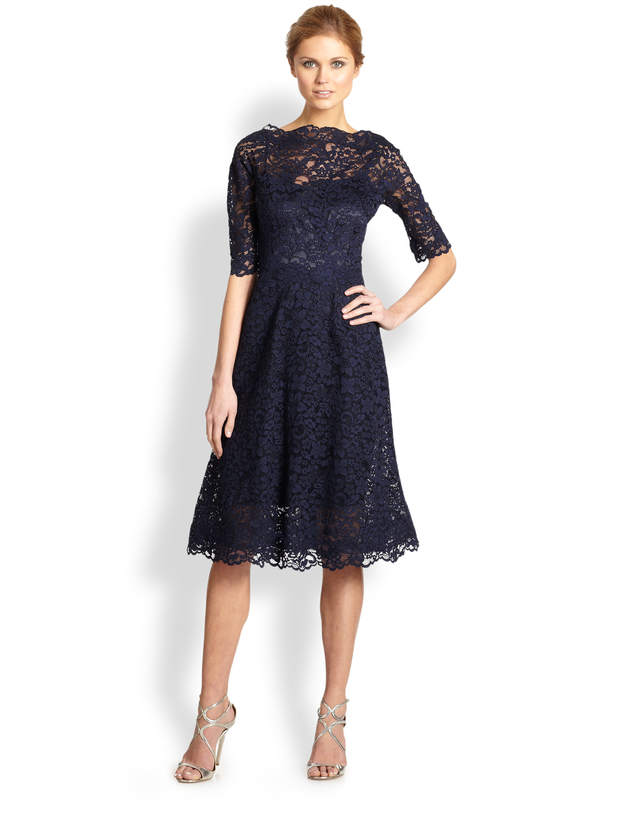 Teri Jon Flared Lace Dress In Blue (navy) 