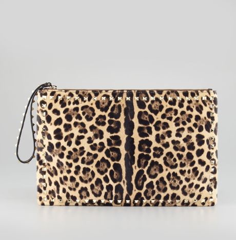 Valentino Rockstud Leopardprint Calf Hair Clutch Bag in Animal (brown ...