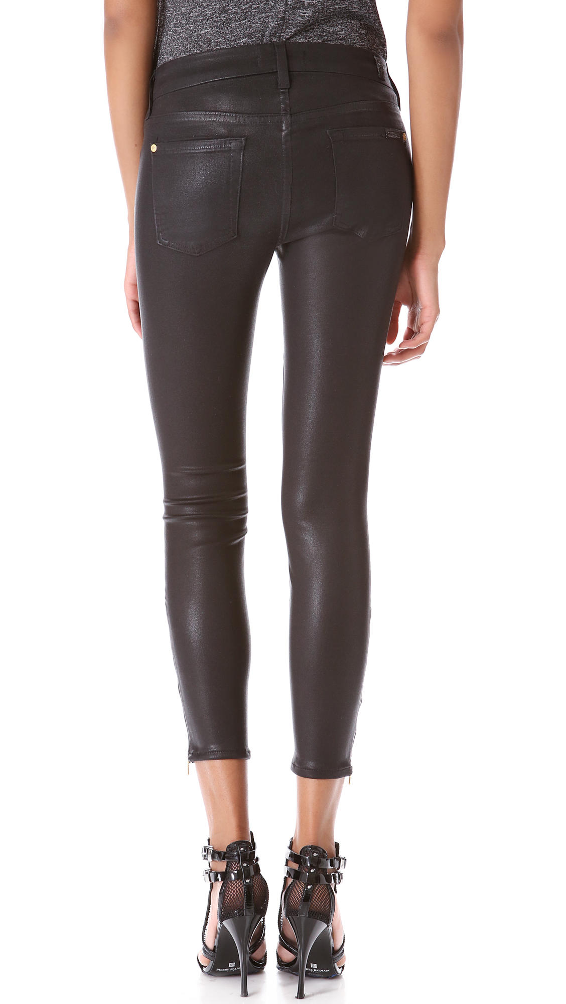 Lyst For All Mankind Crop Coated Skinny Jeans With Ankle Zips In Black