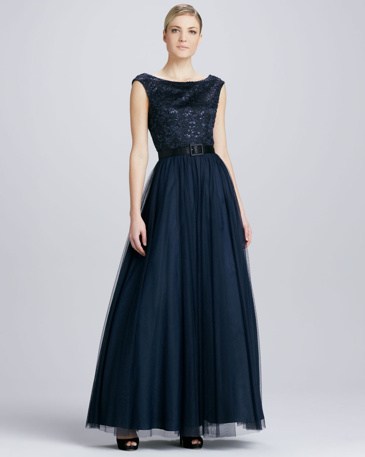 Lyst - Aidan Mattox Lace Beaded Belted Tulle Gown in Blue