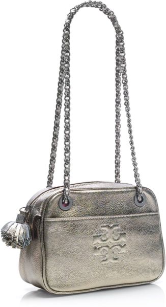 Tory Burch Thea Metallic Crossbody Chain Bag in Gray (gunmetal) | Lyst