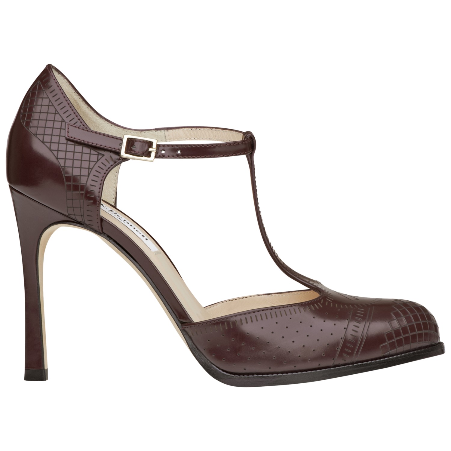 L.K.Bennett Sorella Leather Laser Cut Tbar Court Shoes in Damson (Brown ...