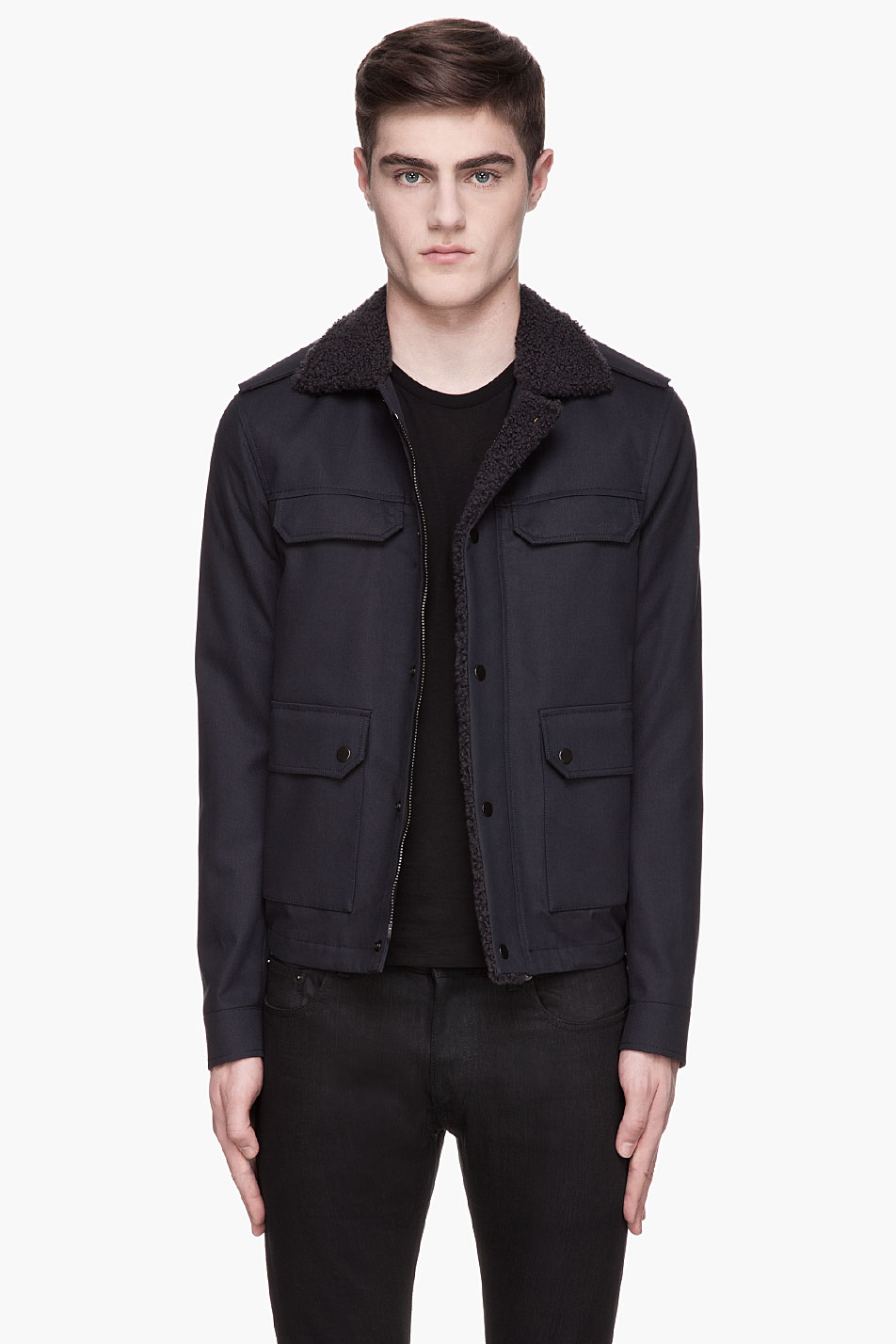 Lanvin Military Style Shearling And Leather Jacket In Blue For Men Gallery