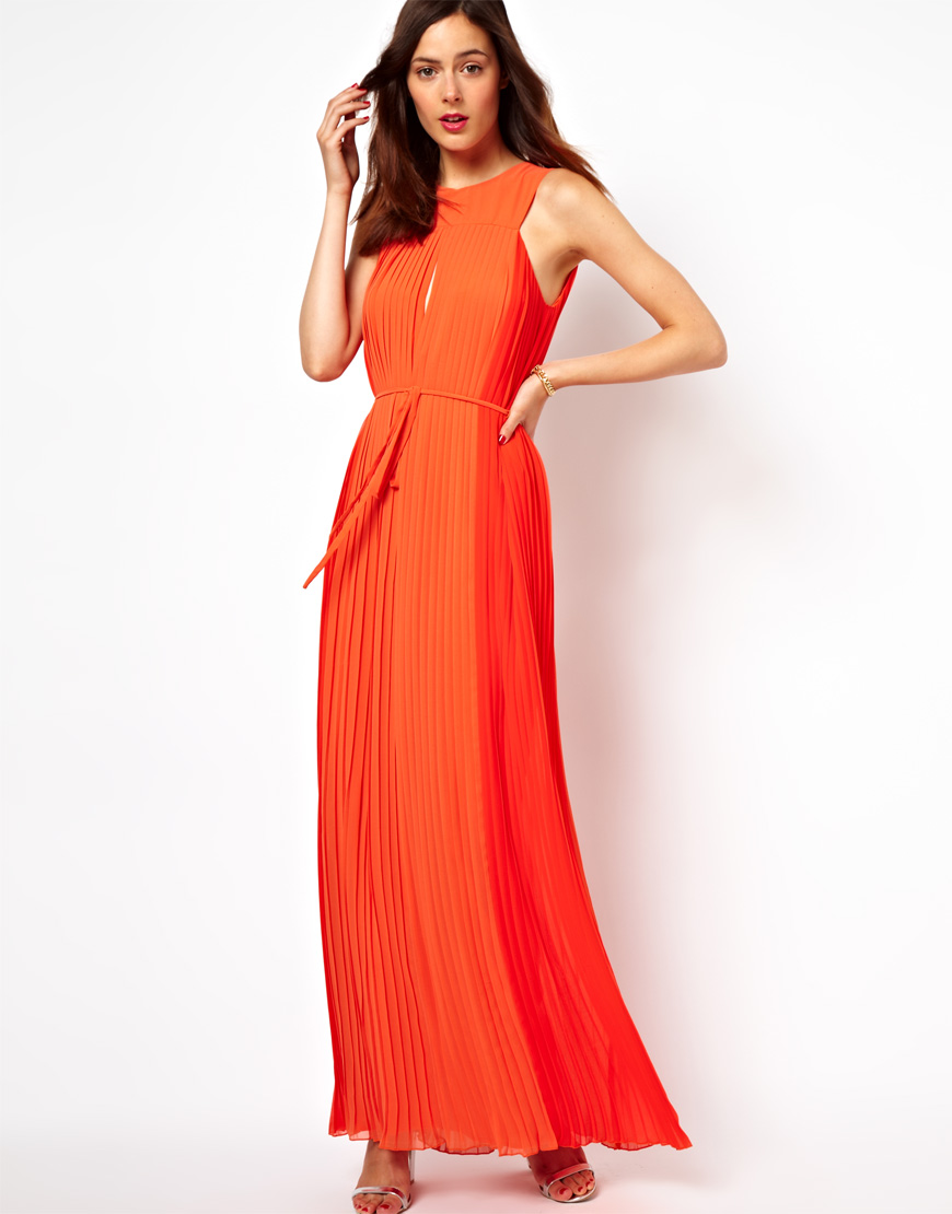 French connection Maxi Pleat Dress in Orange | Lyst