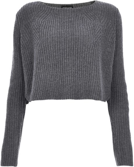 Topshop Knitted Rib Detail Crop Jumper in Gray (charcoal) | Lyst