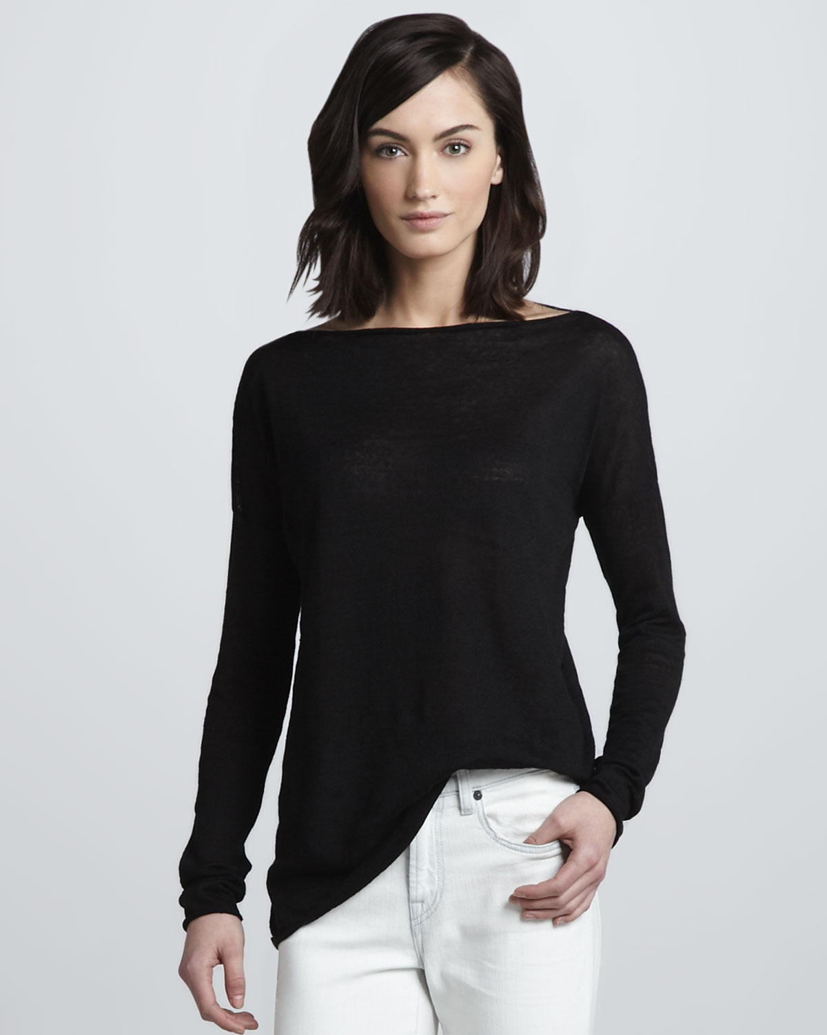 Vince Linen Boatneck Sweater in Black (bleach out) | Lyst