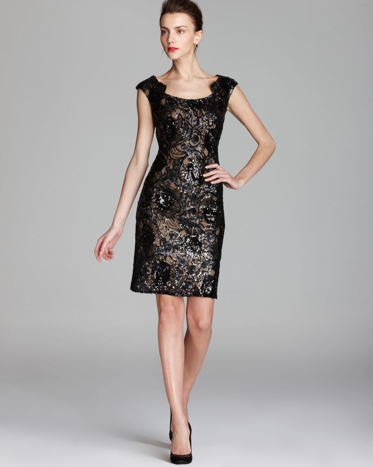 Lyst David Meister Dress Gold Underlay Sequin Lace In Black