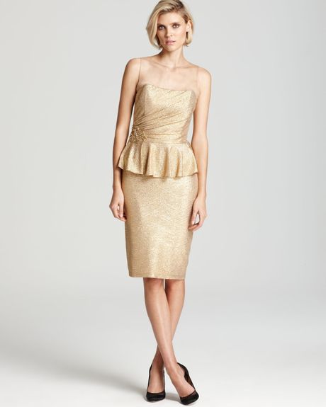 David Meister Peplum Dress Metallic Illusion Top in Gold (bright gold ...