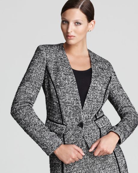 Dkny Tweed Collarless Jacket with Piping in Gray (black/white) | Lyst
