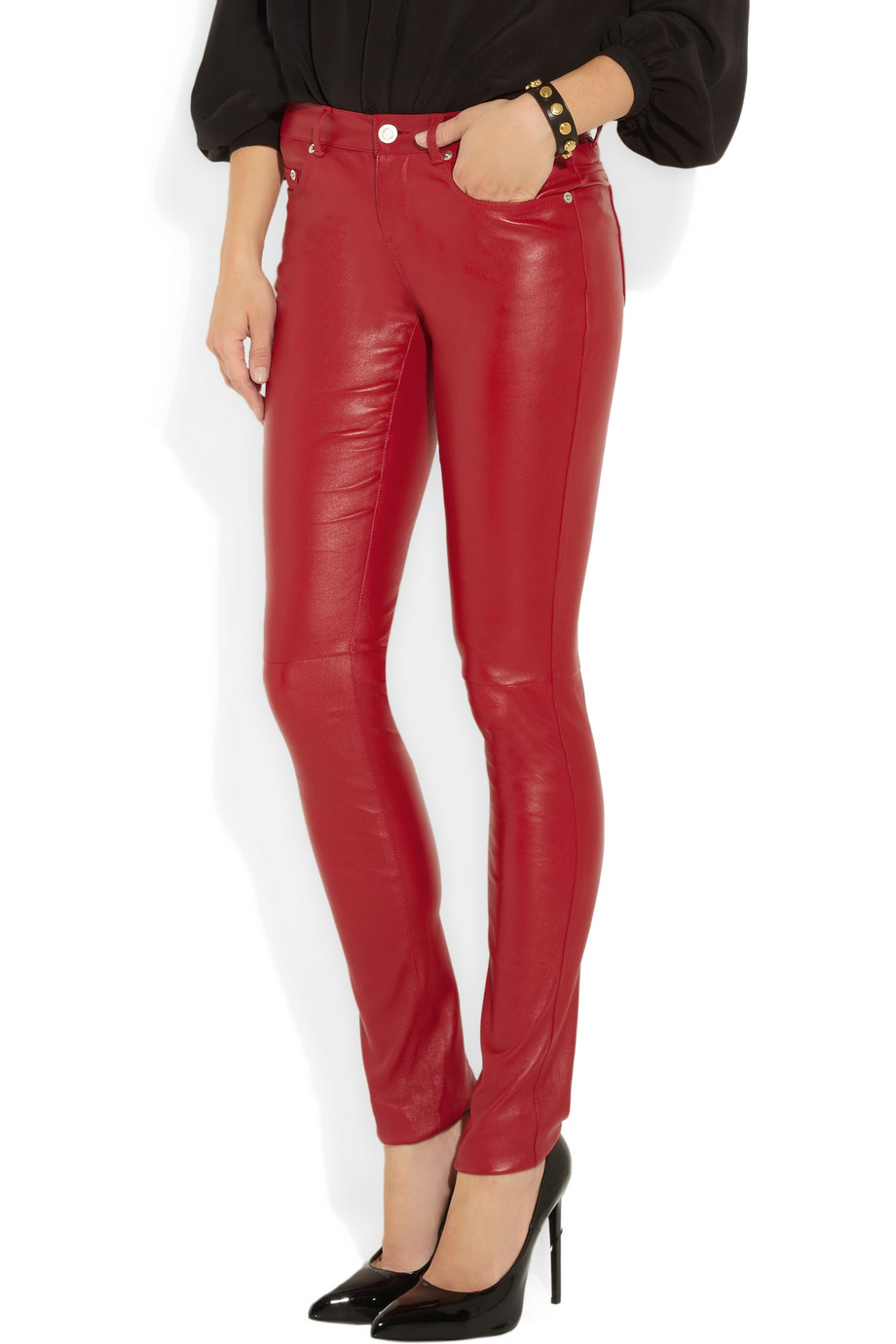 Saint Laurent Skinny Stretch Leather Pants In Red Lyst