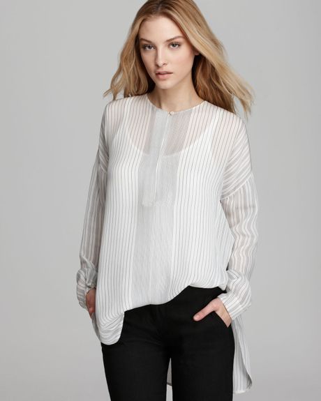 Vince Blouse Striped Silk in White (white/black) | Lyst