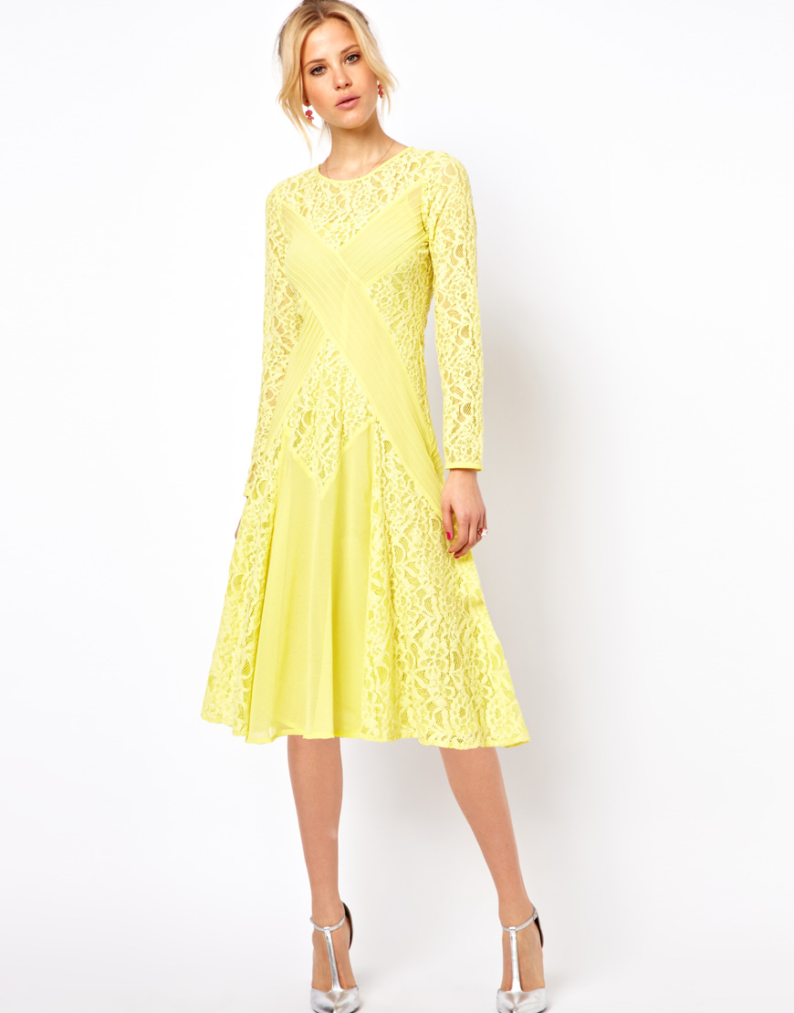 Lyst Asos Exclusive Midi Dress With Lace In Yellow Gallery