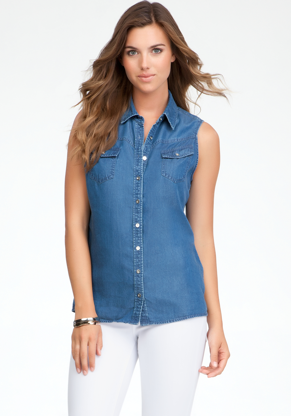 Lyst Bebe Sleeveless Denim Shirt  in Blue