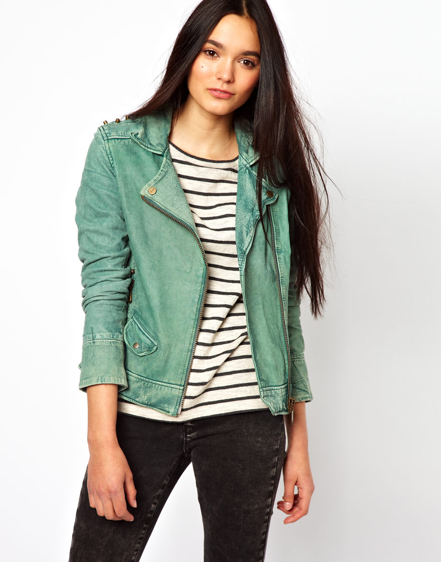 Lyst - Doma Leather Leather Biker Jacket with Studded Shoulders in Green