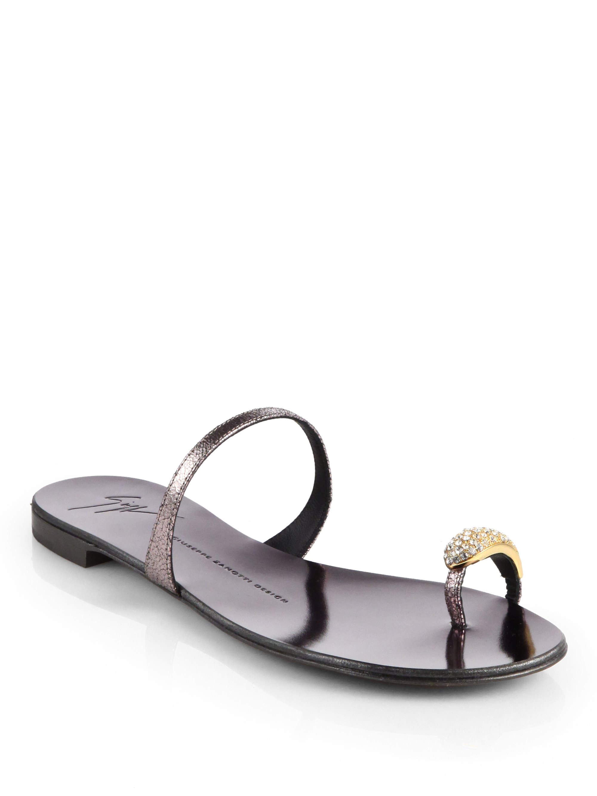 Lyst - Giuseppe zanotti Crystal Toe Ring Metallic Leather Sandals in Black