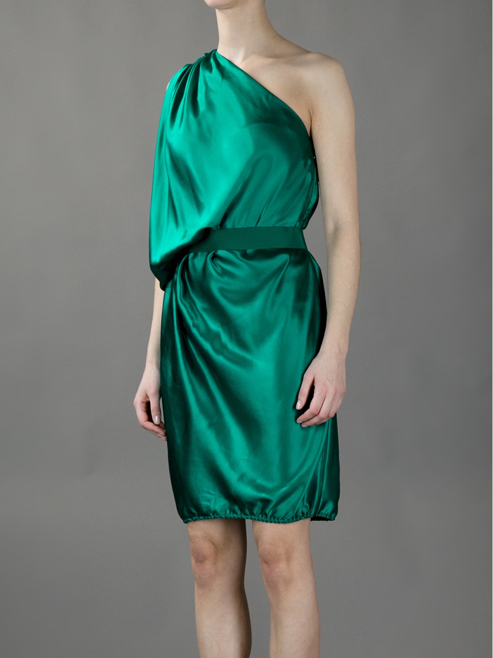 Lyst Lanvin One Shoulder Silk Dress In Green Gallery