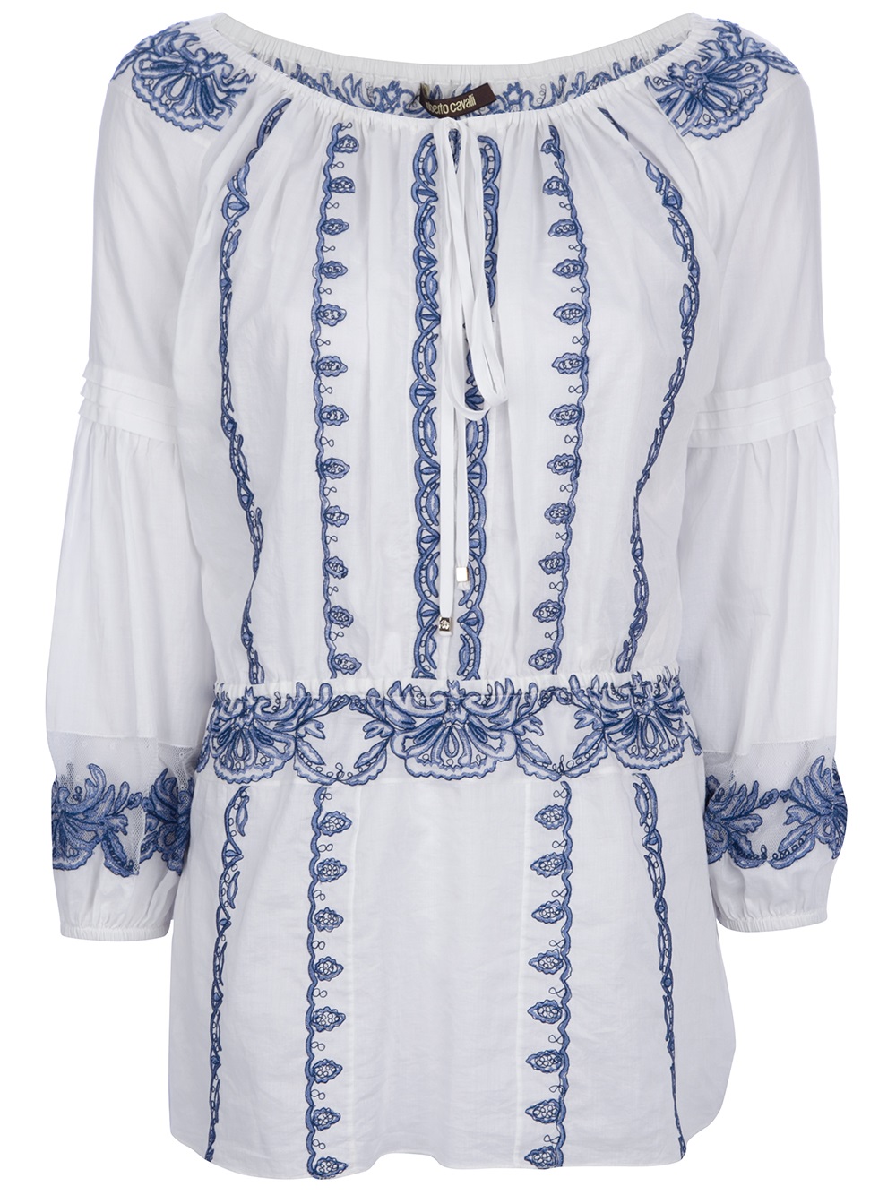 Roberto Cavalli Drawstring Tie Embroidered Blouse in White | Lyst