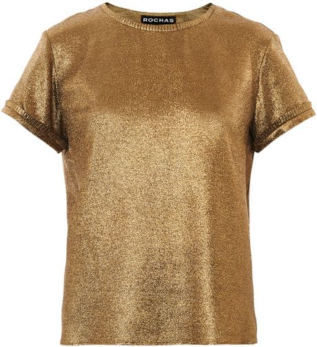 Rochas Pleated Trim Tshirt in Gold | Lyst