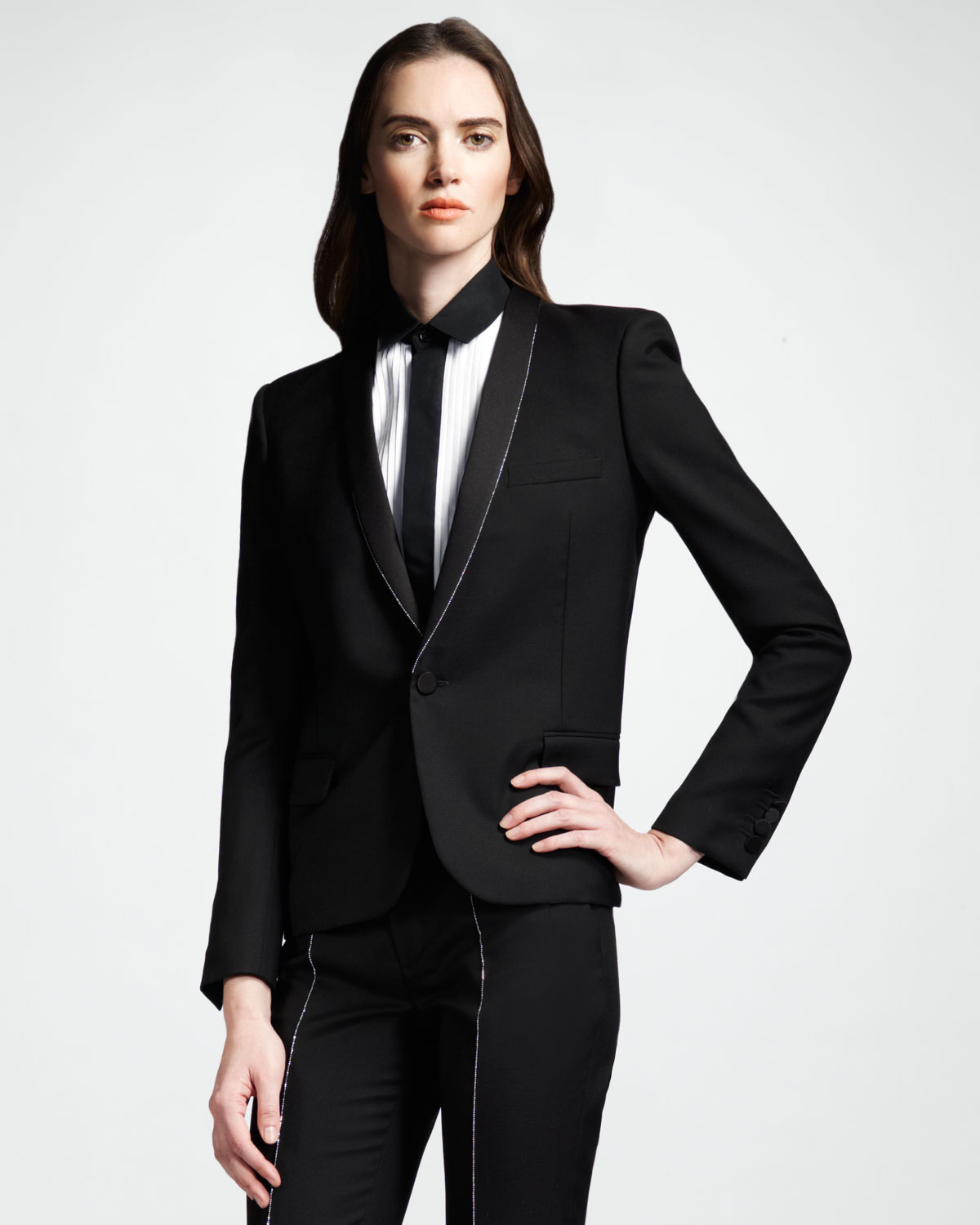 Saint laurent Womens Studded Gabardine Tuxedo Jacket in Black | Lyst