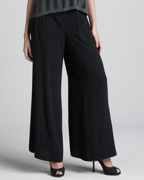 Eileen Fisher Silk Georgette Wideleg Pants in Black | Lyst
