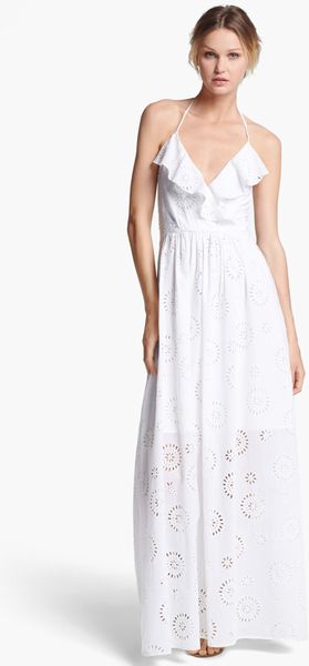 Betsey Johnson Halter Eyelet Maxi Dress in White | Lyst