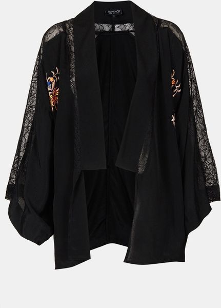 Topshop Embroidered Kimono Cardigan in Black | Lyst