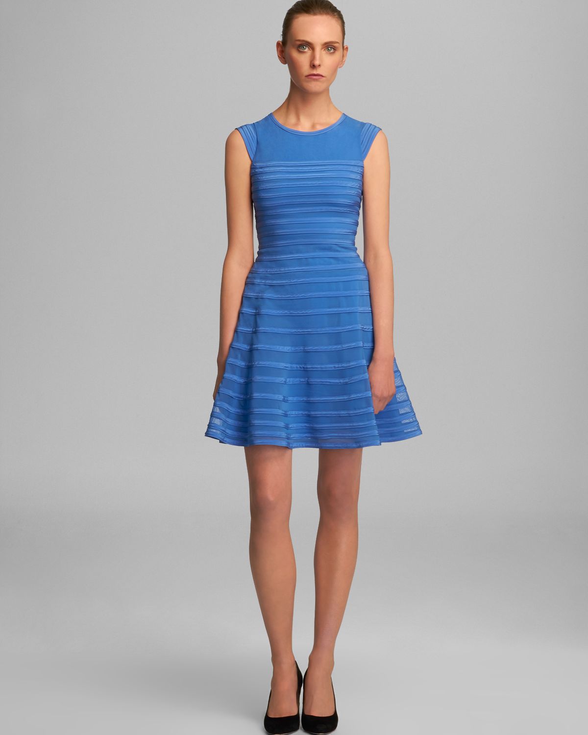 Lyst - Halston Flare Skirt Dress Cap Sleeve in Blue