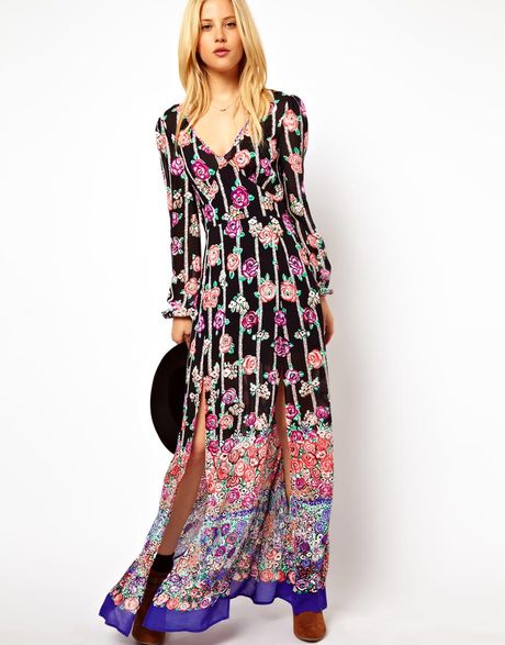 Asos Maxi Dress with 70s Floral Boarder and Cut Out Back in Multicolor ...