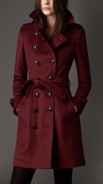 Burberry Leather Detail Wool Cashmere Trench Coat in Red (DEEP CLARET ...