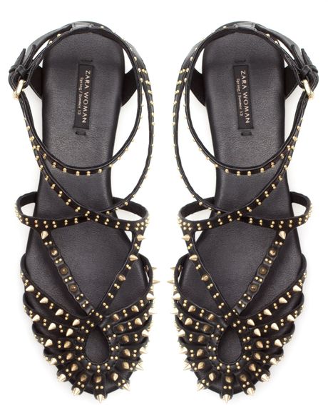 Zara Studded Flat Sandal in Black | Lyst