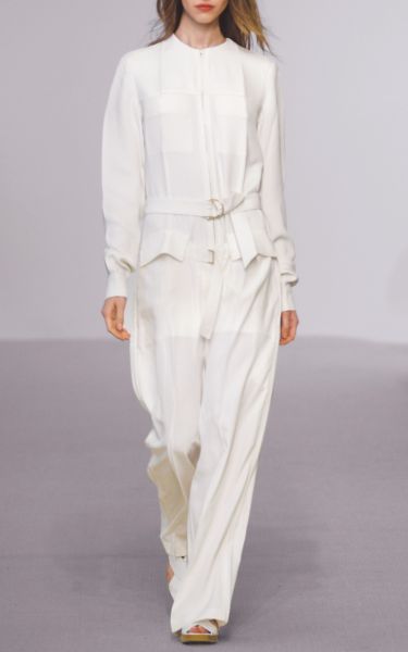 Calvin Klein Ivory Silk Crepe Double Belted Long Sleeve Jumpsuit in ...