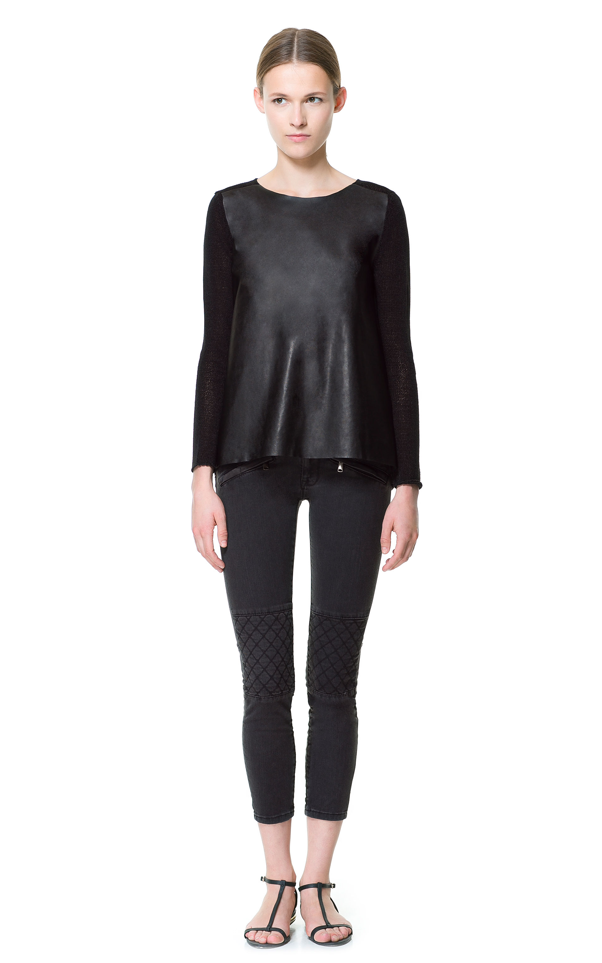 Zara Jumper with Faux Leather Front in Black | Lyst