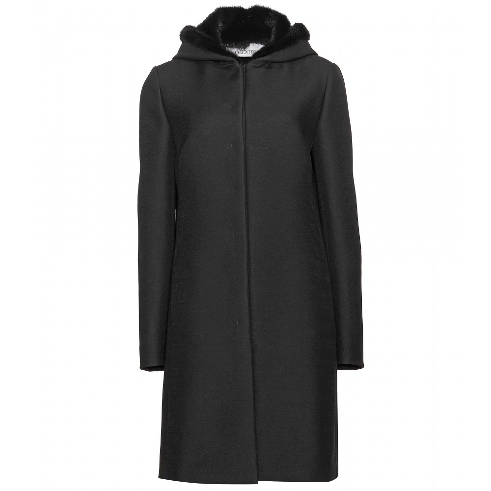 Valentino Wool Coat with Furlined Hood in Black - Lyst