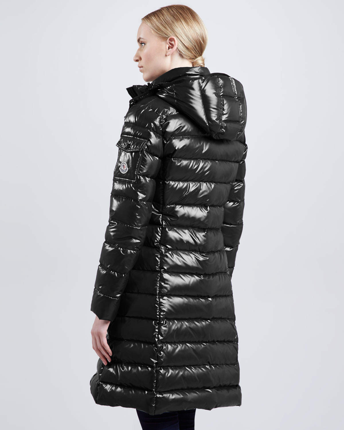 moncler shiny black jacket with fur hood