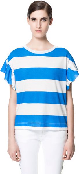 Zara Tshirt with Ruffle Sleeves in Blue (Blue/White) | Lyst