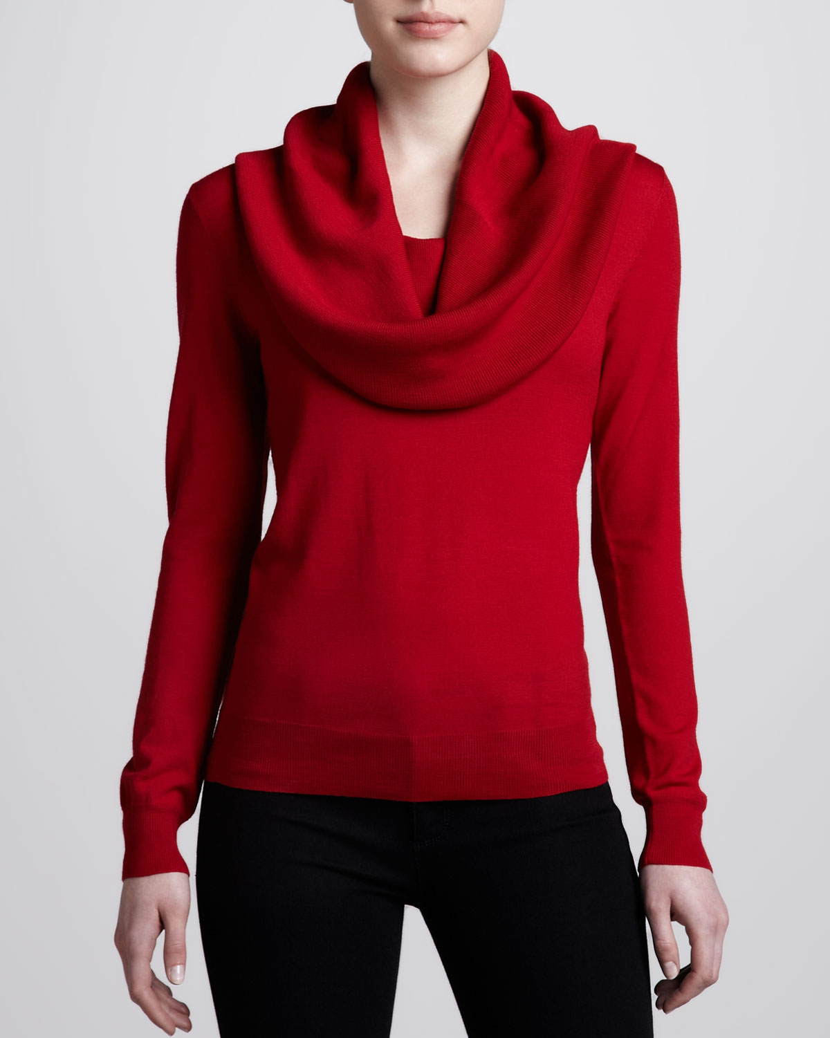 red cowl neck sweater