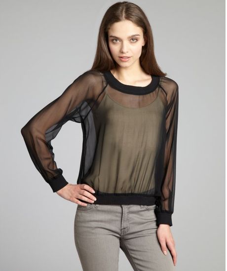 Jay Godfrey Black Silk Chiffon Sweatshirt Styled Blouse in Transparent ...