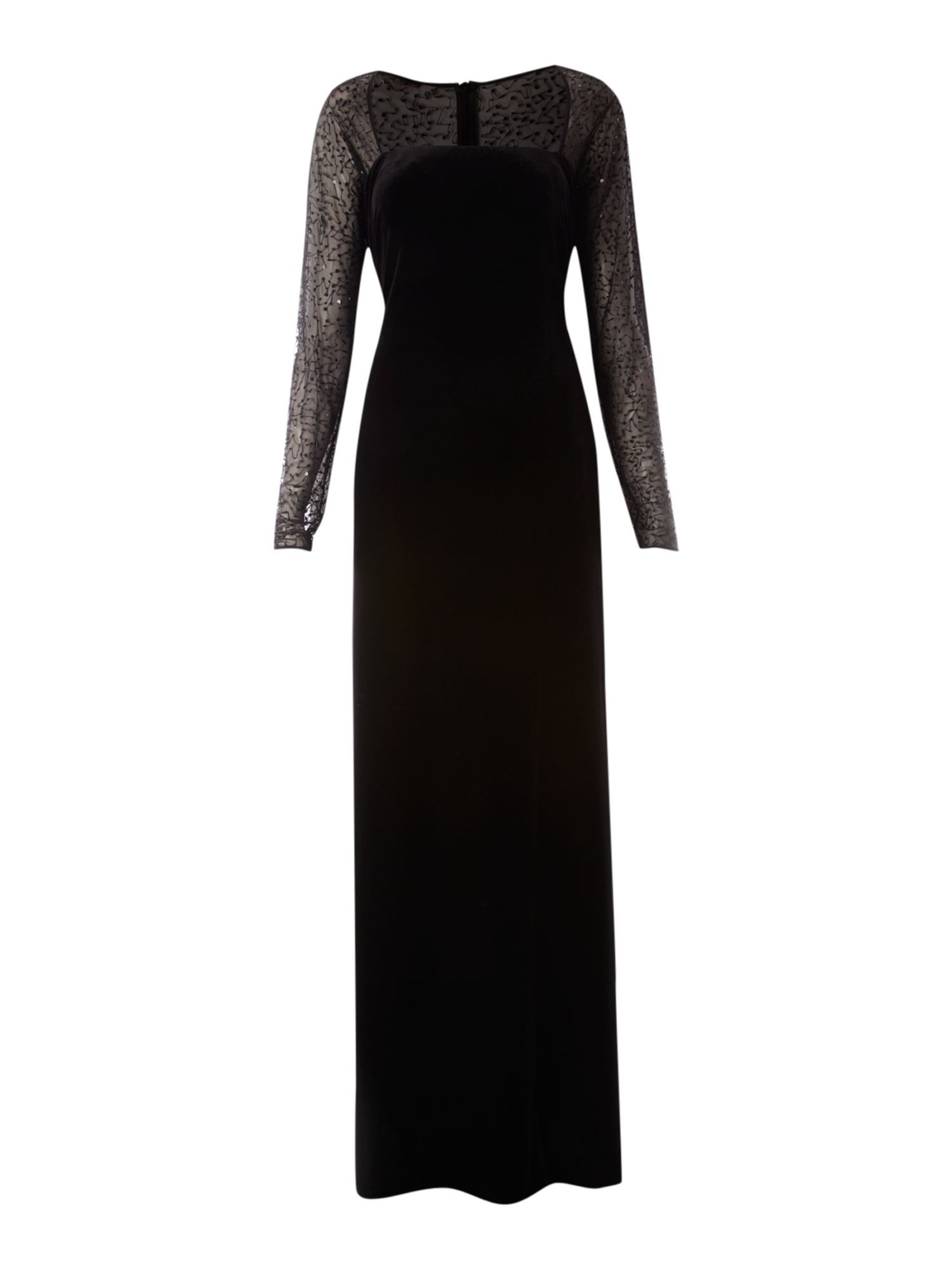 Js collections Long Sleeve Velvet Beaded Mesh Maxi Dress in Black | Lyst