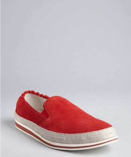 Prada Sport Red Suede Stripe Sole Loafers in Red for Men | Lyst