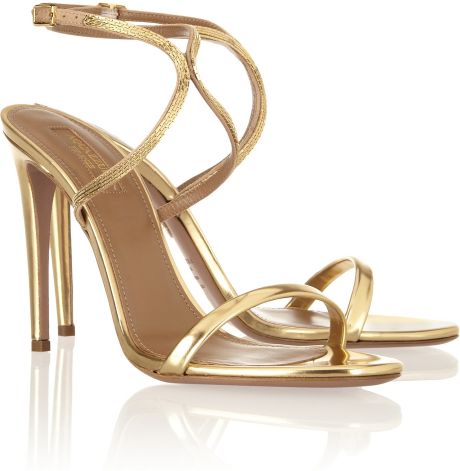 Aquazzura Cannes Chain trimmed Mirrored leather Sandals in Gold | Lyst